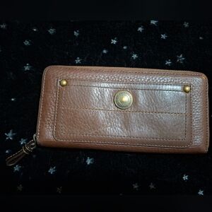 VTG Y2K COACH Chelsea Brown Leather Brass Logo Zip Accordion Wallet F40612